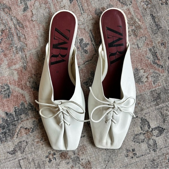 ZARA White Leather Lace-Up Square Toe Mules Slides Size 37 - Picture 3 of 6